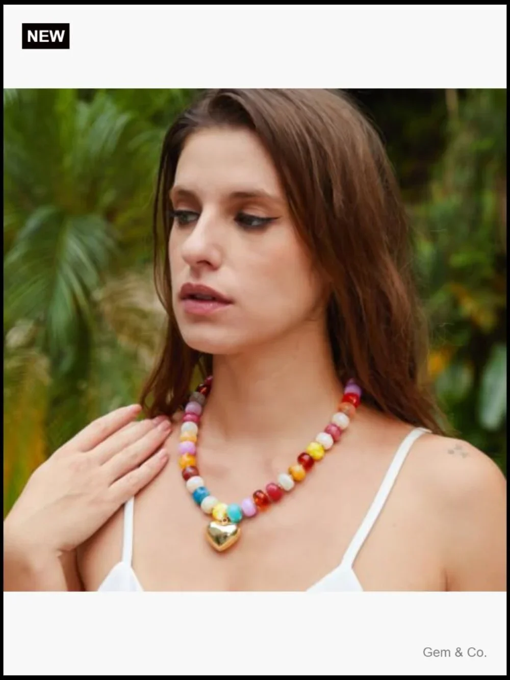 Chunky Beaded Necklace with Gold Heart Pendant Statement Jewelry
